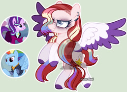 Size: 1024x746 | Tagged: safe, artist:stormcloud-yt, rainbow dash, starlight glimmer, oc, pegasus, pony, g4, base used, clothes, colored hooves, colored wings, deviantart watermark, evil grin, eyelashes, female, freckles, grin, magical lesbian spawn, mare, multicolored hair, obtrusive watermark, offspring, older, older rainbow dash, parent:rainbow dash, parent:starlight glimmer, parents:glimmerdash, pegasus oc, rainbow hair, rearing, screencap reference, smiling, two toned wings, watermark, wings