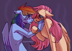 Size: 3472x2444 | Tagged: safe, artist:harepaws, fluttershy, rainbow dash, earth pony, pegasus, pony, g4, blushing, crying, duo, duo female, female, high res, hoof on cheek, lesbian, looking at each other, looking at someone, looking into each others eyes, mare, ship:flutterdash, shipping