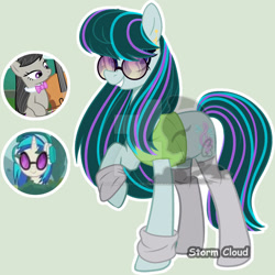 Size: 1024x1026 | Tagged: safe, artist:stormcloud-yt, dj pon-3, octavia melody, vinyl scratch, oc, earth pony, pony, unicorn, g4, base used, cello, clothes, deviantart watermark, earth pony oc, eyelashes, female, grin, magical lesbian spawn, mare, musical instrument, obtrusive watermark, offspring, parent:octavia melody, parent:vinyl scratch, parents:scratchtavia, raised hoof, screencap reference, smiling, sunglasses, watermark