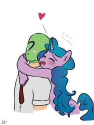 Size: 768x1024 | Tagged: safe, artist:neonnaisedraws, izzy moonbow, oc, oc:anon, human, pony, unicorn, g5, my little pony: a new generation, blushing, cute, female, hug, hug from behind, human and pony, izzybetes, male, romance, simple background, smiling, straight, white background