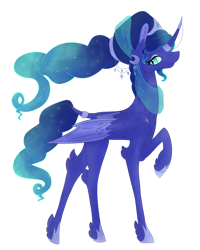Size: 2000x2500 | Tagged: safe, artist:xaneyraccoon, princess luna, alicorn, pony, g4, alternate hairstyle, colored wings, ethereal mane, feathered fetlocks, female, high res, hoof shoes, mare, raised hoof, redesign, simple background, solo, starry mane, transparent background, two toned wings, wings