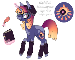 Size: 2500x2000 | Tagged: safe, artist:xaneyraccoon, twilight sparkle, pony, unicorn, g4, beanie, book, clothes, female, glasses, hat, high res, leg warmers, mare, quill, redesign, reference sheet, simple background, solo, story included, transparent background, unicorn twilight