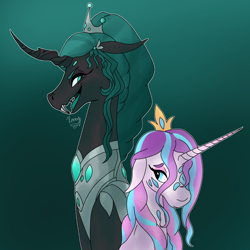 Size: 2000x2000 | Tagged: safe, artist:xaneyraccoon, princess flurry heart, queen chrysalis, alicorn, changeling, changeling queen, pony, g4, bust, crown, duo, female, gradient background, high res, jewelry, mare, older, older flurry heart, peytral, regalia, sharp teeth, teeth