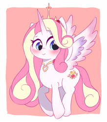 Size: 2734x3116 | Tagged: safe, artist:leo19969525, oc, oc only, alicorn, pony, blue eyes, crown, cute, female, high res, horn, jewelry, long hair, ocbetes, red face, regalia, smiling, solo, spread wings, wings