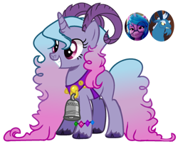 Size: 1280x1036 | Tagged: safe, artist:princess-kitsune-tsu, edit, screencap, grogar, izzy moonbow, oc, oc:crissy, pony, unicorn, g4, g5, my little pony: a new generation, spoiler:my little pony: a new generation, bell, bell collar, bracelet, cloven hooves, collar, curly hair, curly mane, friendship bracelet, fusion, glasses, gradient mane, grin, grogar's bell, horn, horns, jewelry, long mane, long tail, multiple horns, ram horns, red eyes, show accurate, simple background, smiling, solo, tail, transparent background, unshorn fetlocks