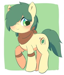 Size: 1623x1910 | Tagged: safe, artist:leo19969525, oc, oc only, earth pony, pony, cute, green eyes, green hair, male, ocbetes, red face, smiling, solo