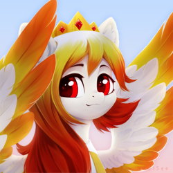 Size: 2500x2500 | Tagged: safe, artist:inowiseei, oc, oc only, oc:auroraedith, pegasus, pony, colored wings, crown, female, gradient mane, high res, jewelry, mare, multicolored wings, regalia, solo, wings