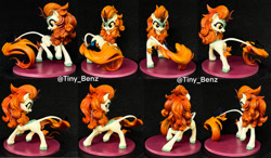 Size: 1280x749 | Tagged: safe, artist:tinybenz, autumn blaze, butterfly, kirin, 3d, butterfly on tail, craft, cute, eyelashes, female, figurine, hock fluff, hoof fluff, insect on tail, leonine tail, multiple angles, open mouth, raised hoof, raised leg, scales, sculpture, signature, simple background, smiling, solo, tail, turnaround, unshorn fetlocks, yellow eyes