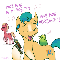 Size: 2048x2048 | Tagged: safe, artist:pfeffaroo, edit, hitch trailblazer, sprout cloverleaf, bird, earth pony, pony, g5, my little pony: a new generation, angry mob, butt, cellphone, chirping, critter magnet, danger danger, duo, earbuds, high res, male, phone, plot, singing, smartphone, sprout is not amused, stallion, unamused