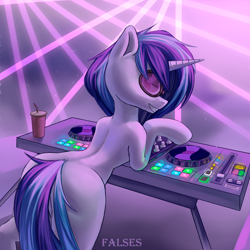 Size: 2000x2000 | Tagged: safe, artist:falses, dj pon-3, vinyl scratch, pony, unicorn, abstract background, bipedal, butt, cute, dust, eyes open, female, fog, glasses, gradient background, grin, high res, light, lights, looking at you, looking back, looking back at you, mare, plot, rear view, sexy, shading, signature, simple background, smiling, smoke, soda, solo, thighs, vinyl ass, vinyl's glasses, vinylbetes