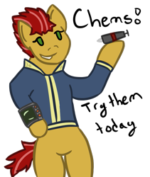 Size: 533x631 | Tagged: safe, artist:hiddenfaithy, oc, oc only, oc:blaze aura, earth pony, pony, fallout equestria, fallout equestria: uncertain ties, bipedal, chems, clothes, jumpsuit, old art, silly, simple background, solo, transparent background, vault suit