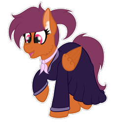 Size: 3228x3336 | Tagged: safe, artist:justapone, oc, oc only, oc:vee, pegasus, pony, cheek fluff, clothed ponies, clothes, colored, dress, ear fluff, flat colors, happy, high res, lineart, pegasus oc, ponytail, raffle prize, raised leg, red eyes, simple background, solo, sticker, transparent background