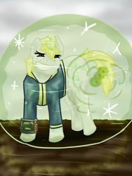 Size: 900x1200 | Tagged: safe, artist:hiddenfaithy, oc, oc only, oc:misty sparks, pony, unicorn, fallout equestria, fallout equestria: uncertain ties, bullet, force field, magic, old art, shield, solo