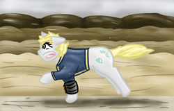 Size: 1000x641 | Tagged: safe, artist:hiddenfaithy, oc, oc only, oc:misty sparks, pony, unicorn, fallout equestria, fallout equestria: uncertain ties, bullet, combat, old art, running, solo