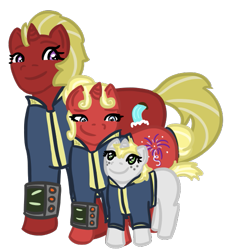 Size: 513x551 | Tagged: safe, artist:hiddenfaithy, oc, oc only, oc:clear falls, oc:flare, oc:misty sparks, pony, unicorn, clothes, female, filly, foal, grandmother and grandchild, jumpsuit, mother and child, mother and daughter, multiple generations, old art, simple background, transparent background, trio, vault suit