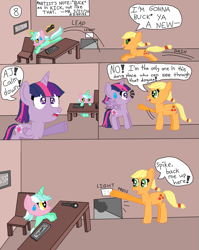 Size: 737x924 | Tagged: safe, artist:alyssafire, artist:nightshadowmlp, applejack, twilight sparkle, alicorn, earth pony, pony, comic:five am at pinkie's: the prequel, g4, comic, dialogue, exclamation point, female, hatless, implied spike, mare, mask, missing accessory, sweat, sweatdrop, text, text box, twilight sparkle (alicorn), wearing a mask
