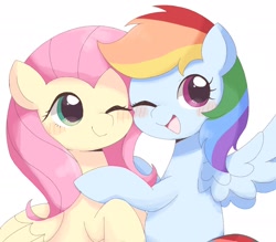Size: 1884x1654 | Tagged: safe, artist:ginmaruxx, fluttershy, rainbow dash, pegasus, pony, g4, blushing, bust, cute, dashabetes, duo, duo female, female, folded wings, hug, lesbian, looking at you, mare, one eye closed, open mouth, open smile, ship:flutterdash, shipping, shyabetes, simple background, smiling, smiling at you, spread wings, white background, wings
