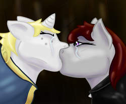 Size: 900x750 | Tagged: safe, artist:hiddenfaithy, oc, oc only, oc:misty sparks, oc:skyfire lumia, pegasus, pony, unicorn, fallout equestria, fallout equestria: uncertain ties, angst, crying, duo, kiss on the lips, kissing, old art