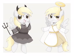 Size: 2048x1560 | Tagged: dead source, safe, artist:ginmaruxx, derpy hooves, angel, pegasus, pony, g4, bipedal, blushing, clothes, commission, costume, cute, derpabetes, derpy is an angel, devil horns, duo, duo female, female, halo, hoof hold, horn, horns, looking at you, mare, open mouth, open smile, pitchfork, self paradox, self ponidox, smiling, smiling at you, wings