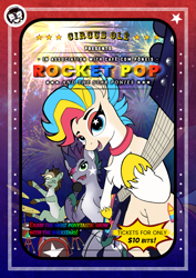 Size: 935x1323 | Tagged: safe, artist:calena, oc, oc only, oc:rocket pop, earth pony, pony, bipedal, circus, circus olé, drums, drumsticks, earth pony oc, electric guitar, fireworks, guitar, looking at you, musical instrument, poster, signature, stars