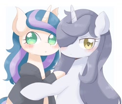 Size: 2030x1730 | Tagged: safe, artist:ginmaruxx, oc, oc only, pony, unicorn, blushing, bust, clothes, cute, duo, duo female, female, hair over one eye, horn, jacket, looking at you, mare, no pupils, ocbetes, simple background, torn ear, white background