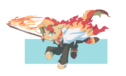 Size: 4500x2700 | Tagged: safe, artist:vanillaghosties, sunset shimmer, pony, unicorn, g4, abstract background, clothes, cosplay, costume, crossover, demon slayer, female, fiery shimmer, fire, fire sword, flaming sword, high res, katana, kimetsu no yaiba, mare, mouth hold, simple background, solo, sword, weapon