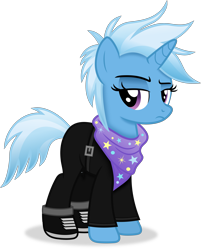 Size: 3150x3915 | Tagged: safe, artist:anime-equestria, trixie, pony, unicorn, g4, alternate hairstyle, annoyed, bandana, belt, belt buckle, clothes, female, frown, high res, horn, lidded eyes, mare, shadow, shoes, simple background, solo, standing, tail, transparent background, vector