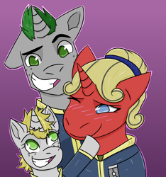 Size: 1500x1600 | Tagged: safe, artist:hiddenfaithy, oc, oc only, oc:flare, oc:misty sparks, oc:silver shock, pony, unicorn, fallout equestria, fallout equestria: uncertain ties, clothes, family photo, father and child, father and daughter, female, foal, jumpsuit, male, mother and child, mother and daughter, old art, simple background, trio, vault suit