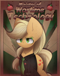 Size: 2000x2500 | Tagged: safe, artist:miryelis, applejack, earth pony, pony, fallout equestria, g4, apple, clothes, food, hat, high res, looking at you, ministry mares, ministry of wartime technology, necktie, poster, solo, suit