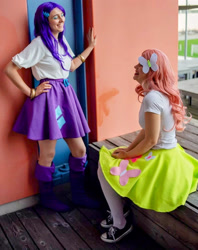 Size: 1713x2159 | Tagged: safe, artist:mauscosplay, fluttershy, rarity, human, equestria girls, g4, clothes, converse, cosplay, costume, duo, hand on hip, irl, irl human, photo, shoes, sitting, sneakers