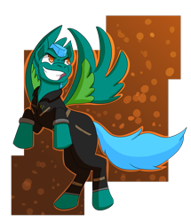 Size: 2269x2642 | Tagged: safe, artist:hiddenfaithy, oc, oc only, oc:jolts, pegasus, pony, fallout equestria, fallout equestria: uncertain ties, clothes, colored wings, enclave, flight suit, flying, high res, old art, semi-transparent, simple background, solo, wings