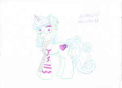 Size: 3549x2550 | Tagged: safe, artist:laurelcrown, oc, oc only, oc:lorelei willowisp, pony, unicorn, g5, my little pony: a new generation, colored, high res, horn, simple background, solo, tattoo, traditional art, unicorn oc, white background