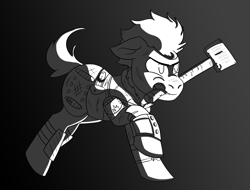 Size: 2808x2136 | Tagged: safe, artist:hiddenfaithy, oc, oc only, oc:blaze aura, earth pony, pony, fallout equestria, fallout equestria: uncertain ties, armor, armored pony, black and white, grayscale, hammer, high res, monochrome, old art, running, sledgehammer, solo, weapon