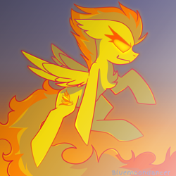 Size: 1640x1639 | Tagged: safe, artist:bluemoon, spitfire, pegasus, pony, g4, flying, sky, solo, spread wings, sunset, wings