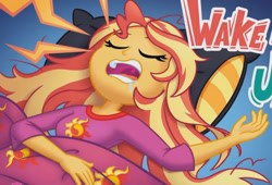 Size: 1324x901 | Tagged: safe, screencap, sunset shimmer, equestria girls, g4, wake up!, spoiler:eqg series (season 2), blanket, cropped, eyes closed, mawshot, messy hair, open mouth, pillow, sleeping, snoring, solo, title card, uvula