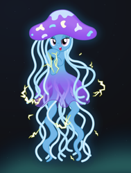 Size: 2164x2864 | Tagged: safe, artist:badumsquish, derpibooru exclusive, trixie, hybrid, jellyfish, jellyfish pony, original species, pony, g4, electricity, electricity magic, female, grin, high res, jellyfishified, laughing, lidded eyes, looking at you, mare, noblewoman's laugh, ocean, open mouth, open smile, raised hoof, show accurate, smiling, smiling at you, solo, sparks, species swap, tentacles, underwater, water