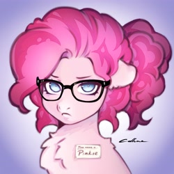 Size: 4096x4096 | Tagged: safe, artist:eltaile, pinkie pie, earth pony, pony, g4, alternate hairstyle, bust, chest fluff, cute, female, frown, glasses, looking at you, mare, name tag, simple background, solo
