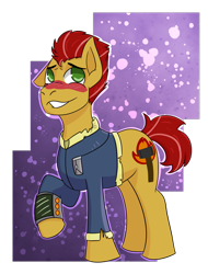 Size: 2132x2812 | Tagged: safe, artist:hiddenfaithy, oc, oc only, oc:blaze aura, earth pony, pony, fallout equestria, fallout equestria: uncertain ties, blushing, clothes, high res, jumpsuit, old art, pipbuck, semi-transparent, simple background, solo, vault suit