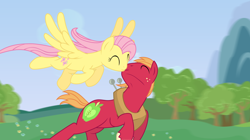 Size: 2500x1400 | Tagged: safe, artist:anarchemitis, big macintosh, fluttershy, earth pony, pegasus, pony, g4, cropped, cute, eyes closed, female, flying, kiss on the lips, kissing, male, mare, running, ship:fluttermac, shipping, spread wings, stallion, straight, windswept mane, wings