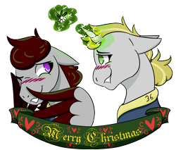Size: 1000x850 | Tagged: safe, artist:hiddenfaithy, oc, oc only, oc:misty sparks, oc:skyfire lumia, pegasus, pony, unicorn, fallout equestria, fallout equestria: uncertain ties, banner, blushing, christmas, colored wings, duo, flirting, floppy ears, happy hearth's warming, hiding behind wing, holiday, magic, merry christmas, mistletoe, old art, shy, simple background, telekinesis, transparent background, two toned wings, wings