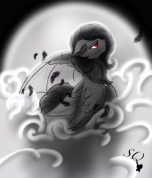 Size: 3077x3601 | Tagged: safe, artist:snow quill, fluttershy, bat pony, pony, g4, bat ponified, cloud, feather, floppy ears, flutterbat, flying, grayscale, high res, monochrome, moon, night, partial color, race swap, red eyes, solo