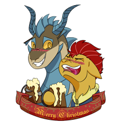 Size: 1500x1612 | Tagged: safe, artist:hiddenfaithy, oc, oc only, oc:blaze aura, oc:comet, dragon, earth pony, pony, fallout equestria, alcohol, banner, beer, blackletter, blushing, christmas, cider, drinking, drunk, duo, grin, happy hearth's warming, holiday, laughing, old art, simple background, smiling, transparent background
