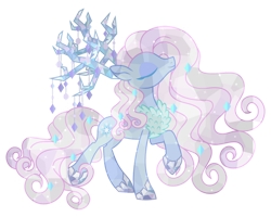 Size: 1000x800 | Tagged: safe, artist:tuttyfruitcutie, tree of harmony, oc, crystal pony, deer, deer pony, earth pony, original species, pony, antlers, branches for antlers, crystal, curly hair, curly mane, eyes closed, eyeshadow, long mane, makeup, pastel, pink mane, ponified, simple background, solo, transparent background, tree branch, wreath