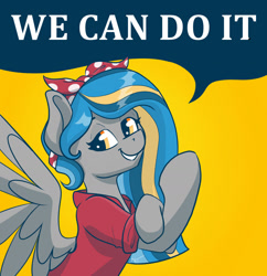 Size: 1280x1324 | Tagged: safe, artist:cadetredshirt, oc, oc only, oc:sunny showers, pegasus, pony, clothes, looking at you, multicolored hair, parody, poster, poster parody, rosie the riveter, solo, vanhoover