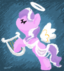 Size: 369x406 | Tagged: safe, artist:cadetredshirt, diamond tiara, angel, earth pony, pony, g4, angelic wings, digital painting, eyes closed, halo, harp, missing accessory, musical instrument, simple, simple background, simple shading, solo, wings