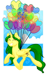 Size: 1280x2038 | Tagged: safe, artist:cadetredshirt, oc, oc only, oc:julius gemstone, alicorn, pony, balloon, eyes closed, heart balloon, simple background, sky, smiling, solo, transparent background