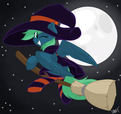 Size: 1280x1208 | Tagged: safe, artist:cadetredshirt, oc, oc only, oc:emerald, pegasus, pony, broom, clothes, commission, costume, digital art, flying, flying broomstick, halloween, halloween costume, hat, holiday, moon, night, one eye closed, shading, socks, solo, striped socks, wink, witch, witch costume, witch hat, ych result