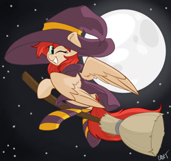 Size: 1280x1208 | Tagged: safe, artist:cadetredshirt, oc, oc only, oc:firefly, pegasus, pony, broom, clothes, commission, digital art, female, flying, flying broomstick, halloween, hat, holiday, moon, night, one eye closed, socks, solo, striped socks, wink, witch, witch costume, witch hat, ych result
