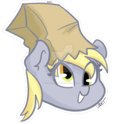 Size: 800x800 | Tagged: safe, artist:cadetredshirt, derpy hooves, pegasus, pony, g4, bag, bag on head, chibi, clothes, commission, costume, cute, derp, derpabetes, deviantart watermark, eye clipping through hair, head only, nightmare night, nightmare night costume, obtrusive watermark, shading, simple background, smiling, solo, transparent background, watermark