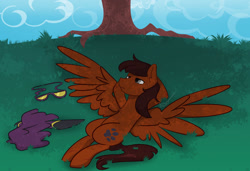 Size: 1280x874 | Tagged: safe, artist:cadetredshirt, oc, pegasus, pony, belly, chest fluff, clothes, costume, hill, hooves behind head, lying down, nightmare night costume, on back, relaxing, round belly, shading, shadowbolts, solo, spread wings, tree, under the tree, wings